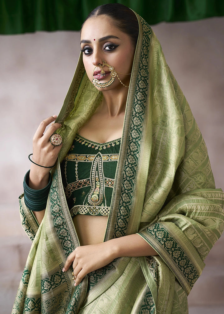 Light Green Crepe Silk Saree with Contrast Embroidered Blouse