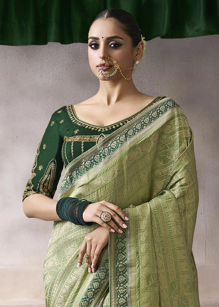 Light Green Crepe Silk Saree with Contrast Embroidered Blouse