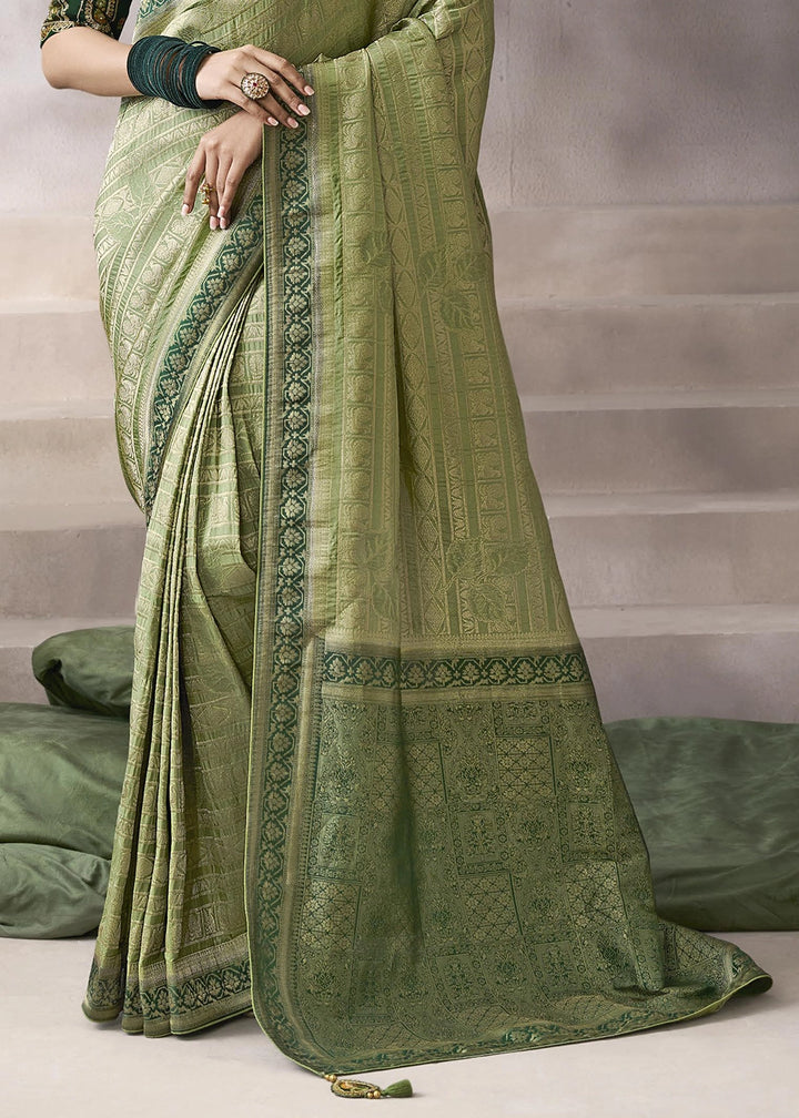 Light Green Crepe Silk Saree with Contrast Embroidered Blouse