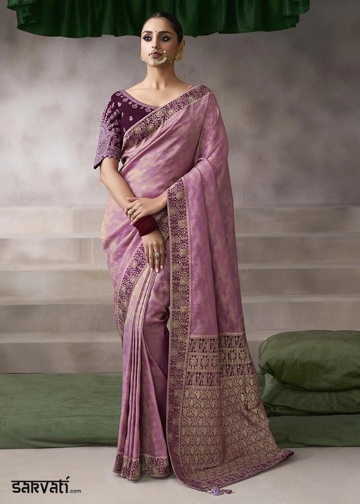 Orchid Pink Crepe Silk Saree with Contrast Embroidered Blouse