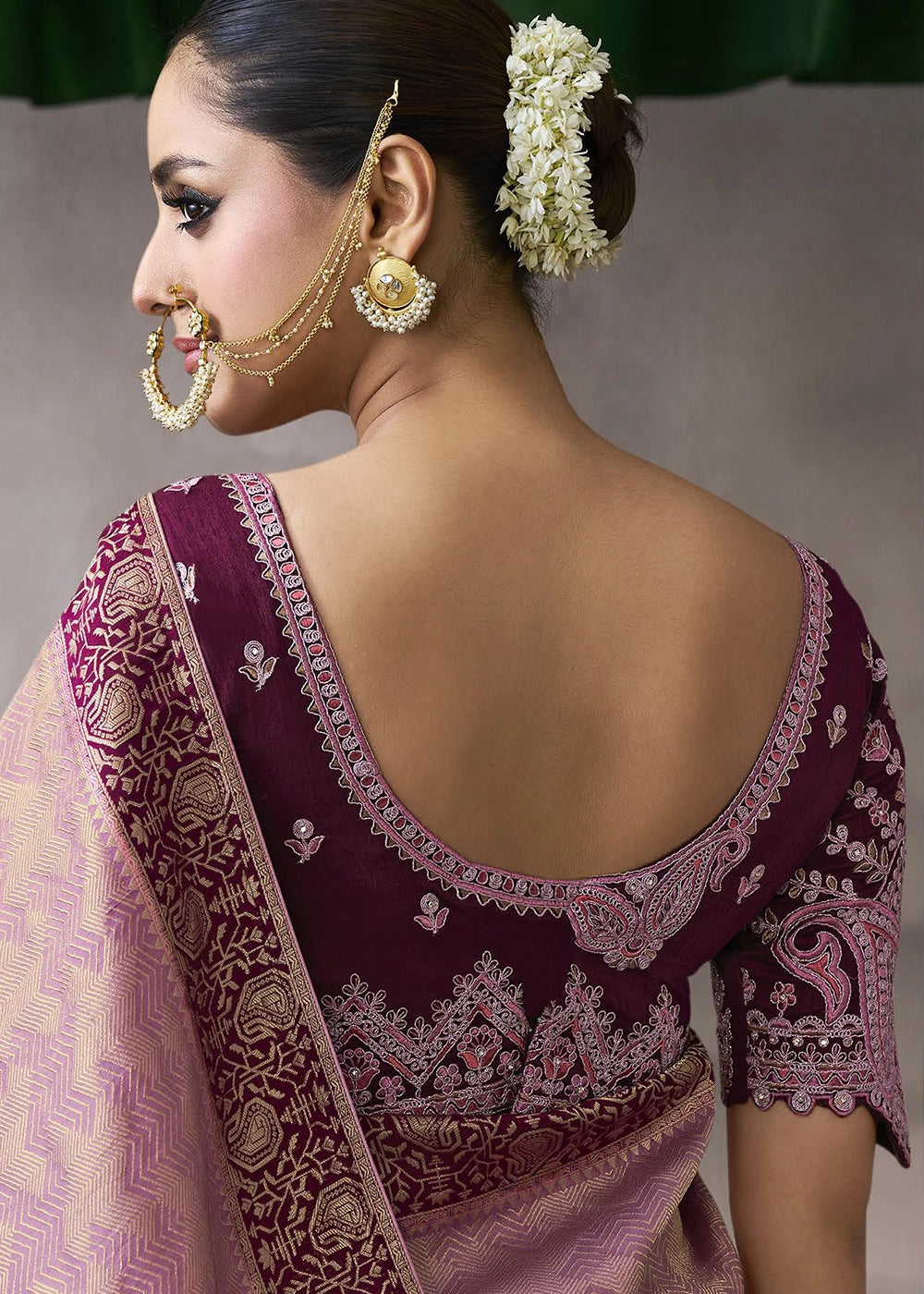 Orchid Pink Crepe Silk Saree with Contrast Embroidered Blouse