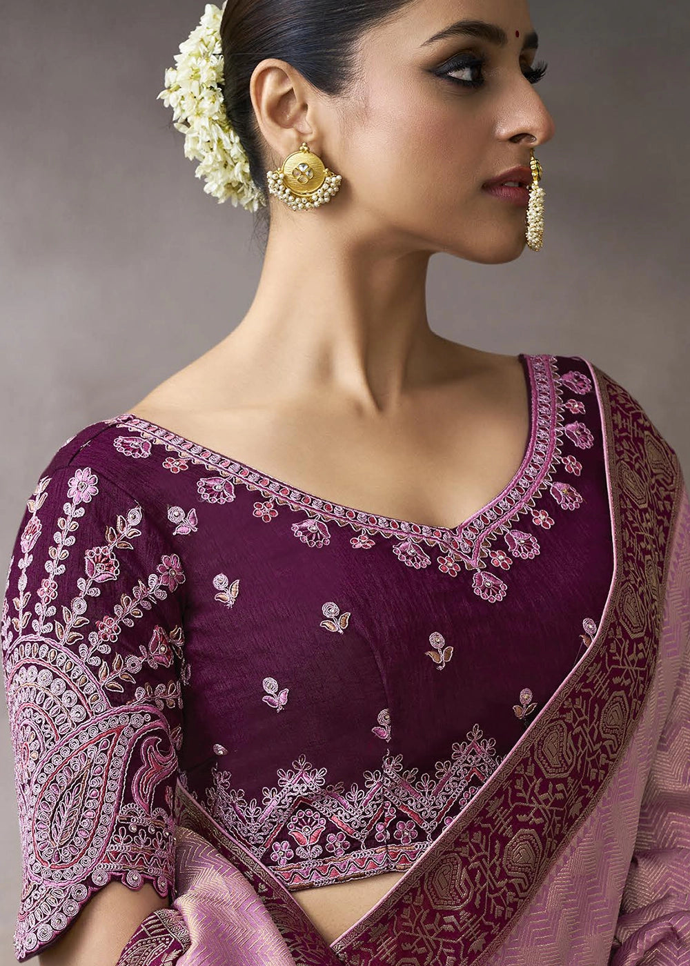 Orchid Pink Crepe Silk Saree with Contrast Embroidered Blouse