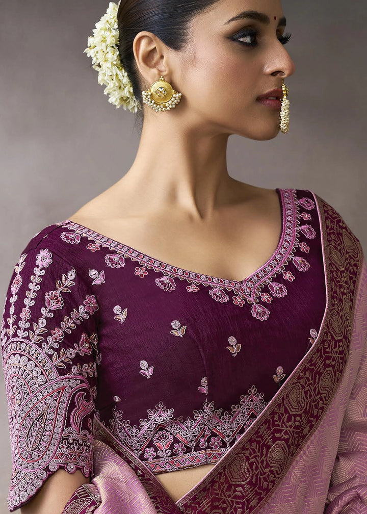 Orchid Pink Crepe Silk Saree with Contrast Embroidered Blouse
