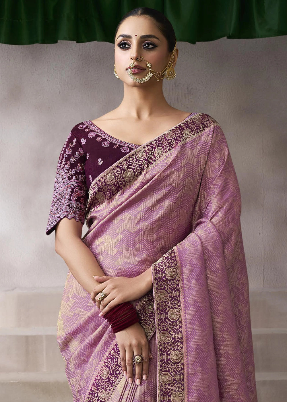 Orchid Pink Crepe Silk Saree with Contrast Embroidered Blouse
