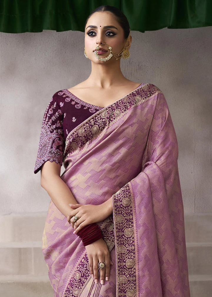 Orchid Pink Crepe Silk Saree with Contrast Embroidered Blouse