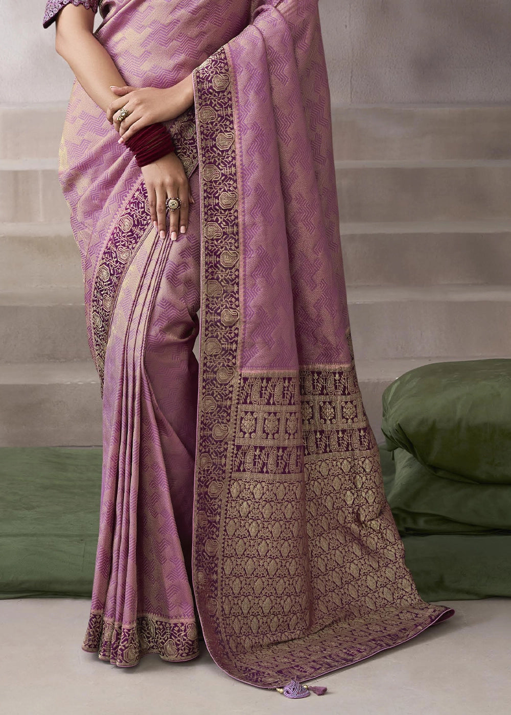 Orchid Pink Crepe Silk Saree with Contrast Embroidered Blouse