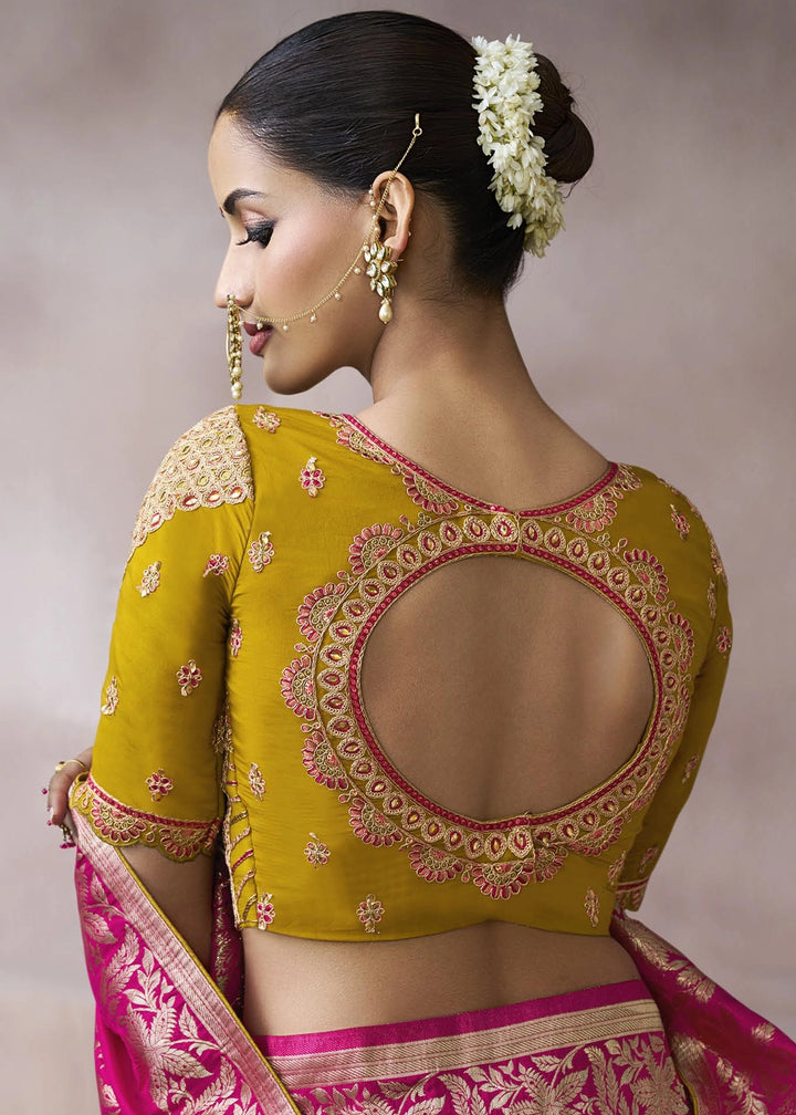 Hot Pink Crepe Silk Saree with Contrast Embroidered Blouse