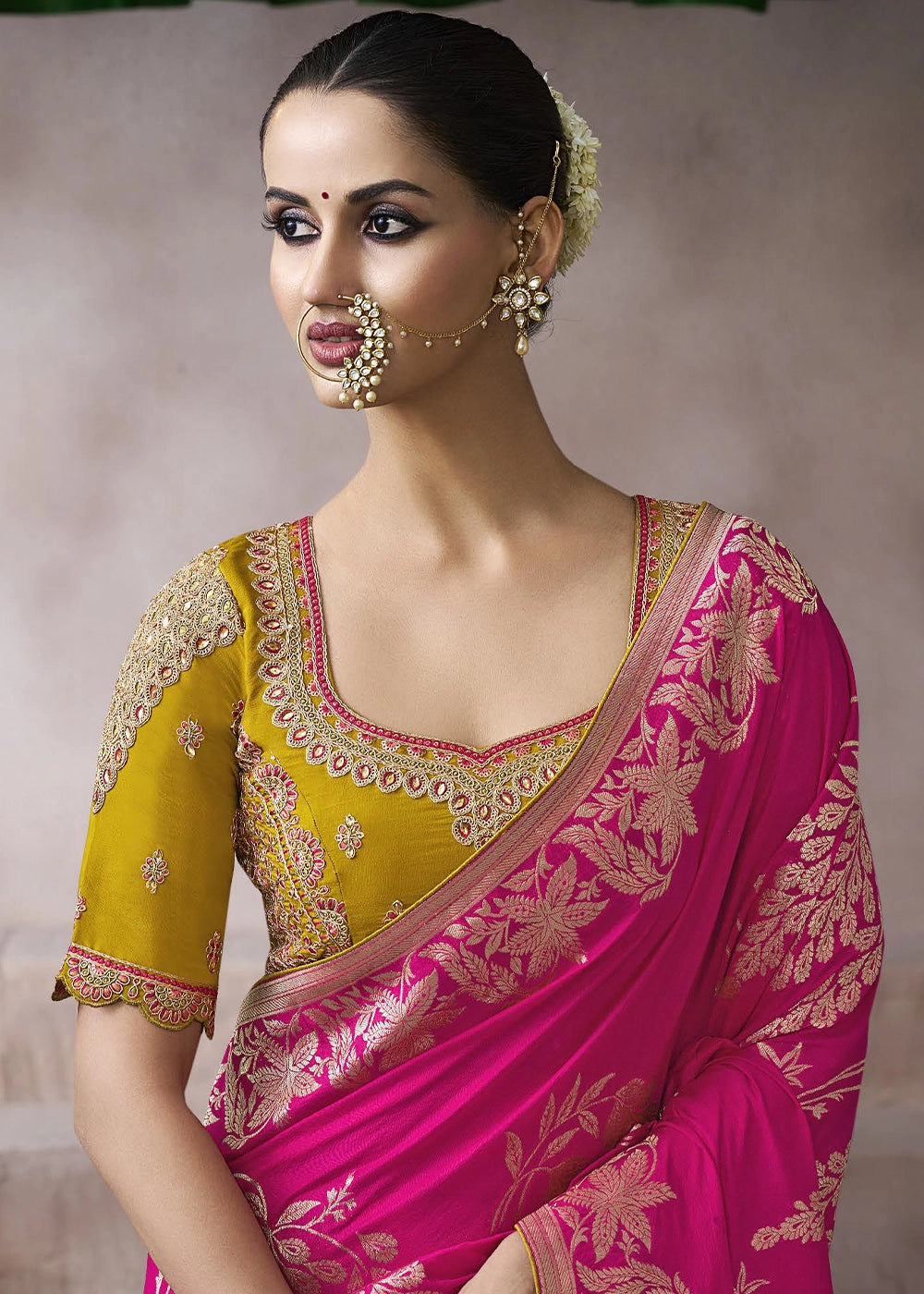 Hot Pink Crepe Silk Saree with Contrast Embroidered Blouse