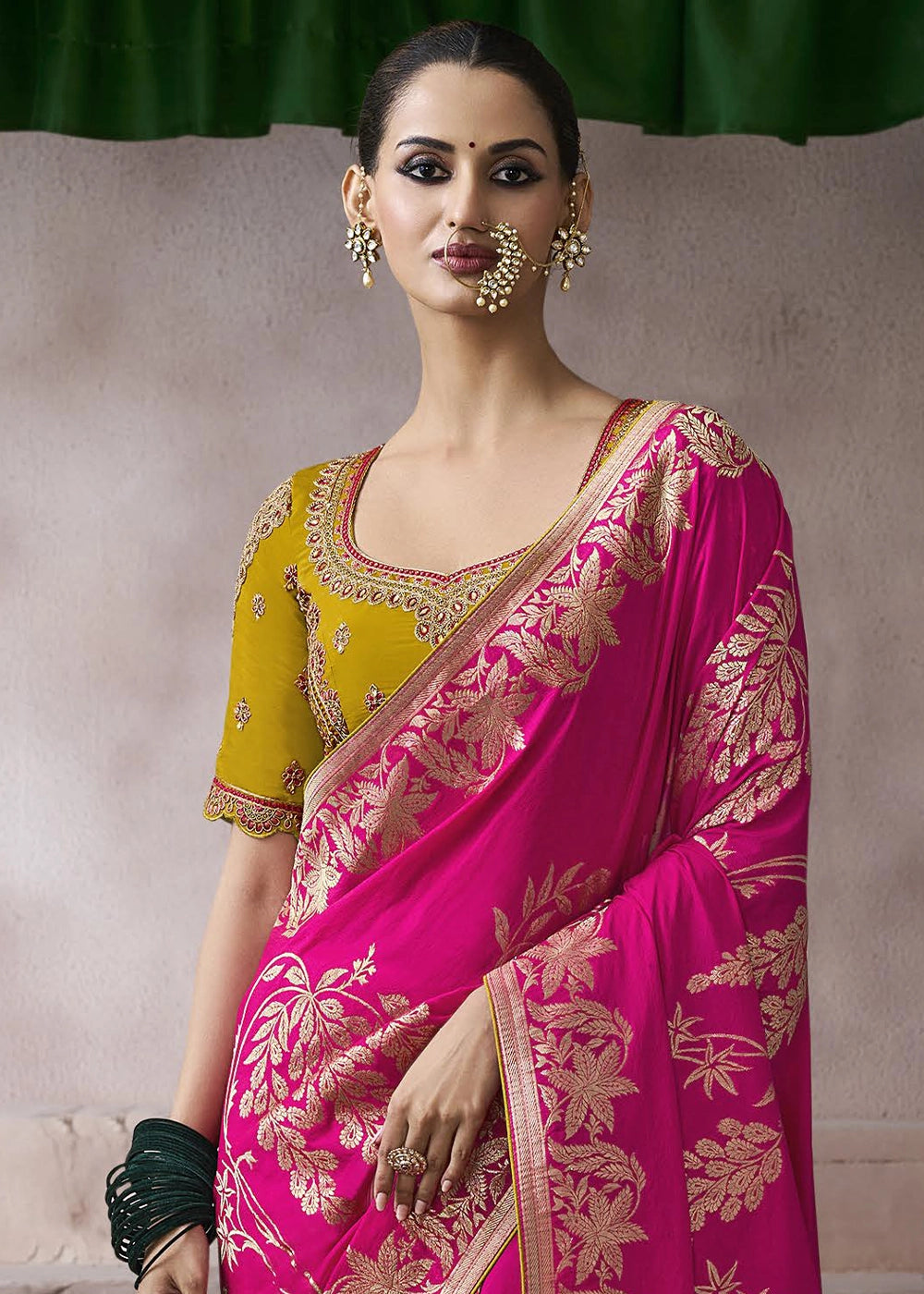 Hot Pink Crepe Silk Saree with Contrast Embroidered Blouse