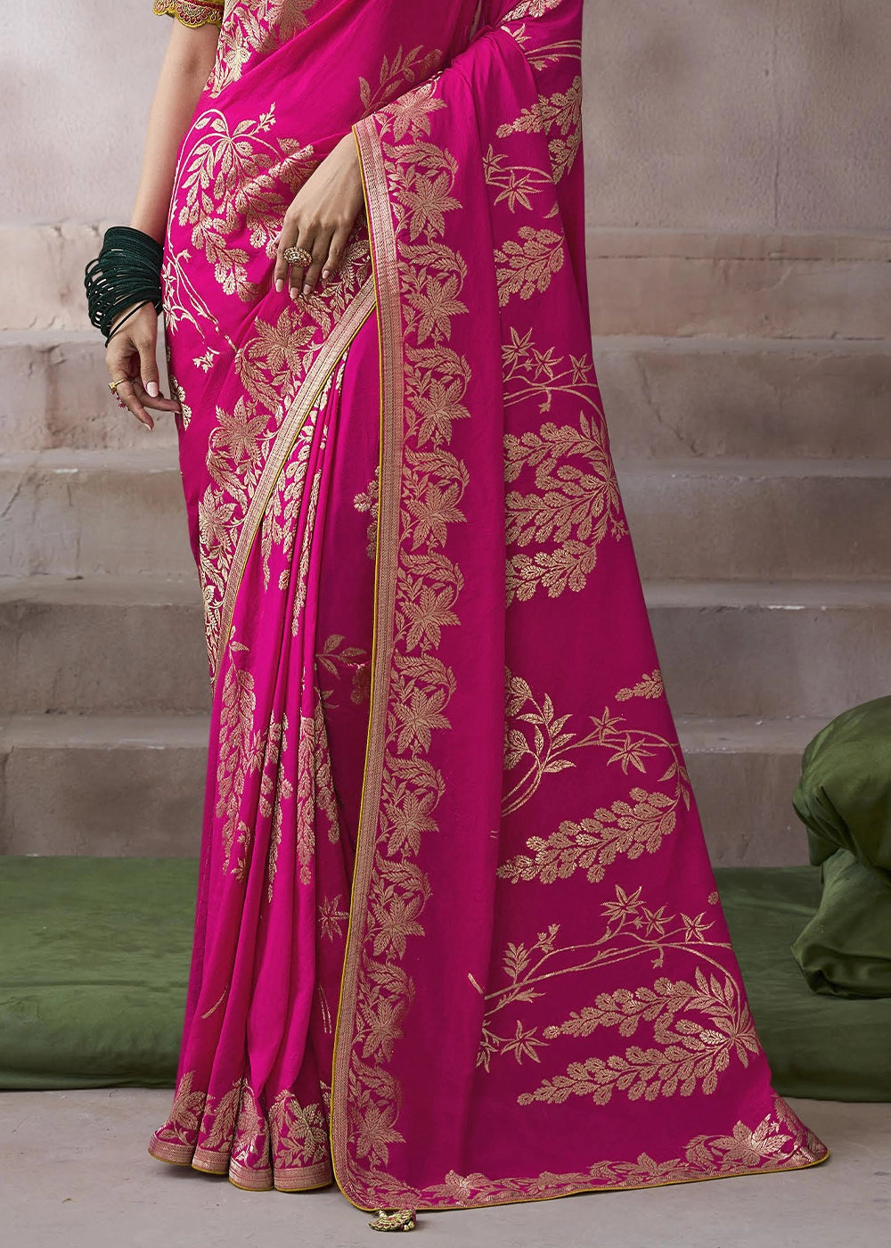 Hot Pink Crepe Silk Saree with Contrast Embroidered Blouse