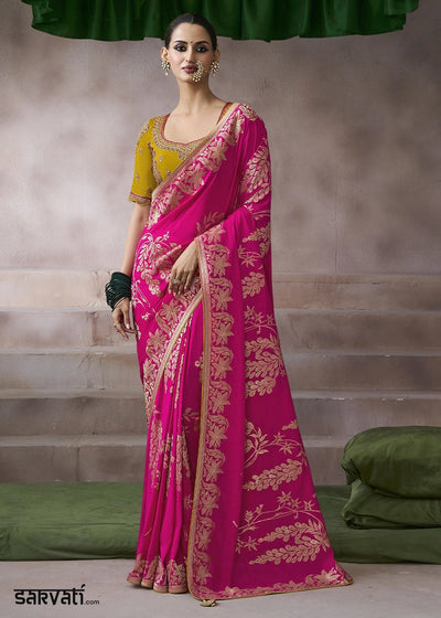 Hot Pink Crepe Silk Saree with Contrast Embroidered Blouse
