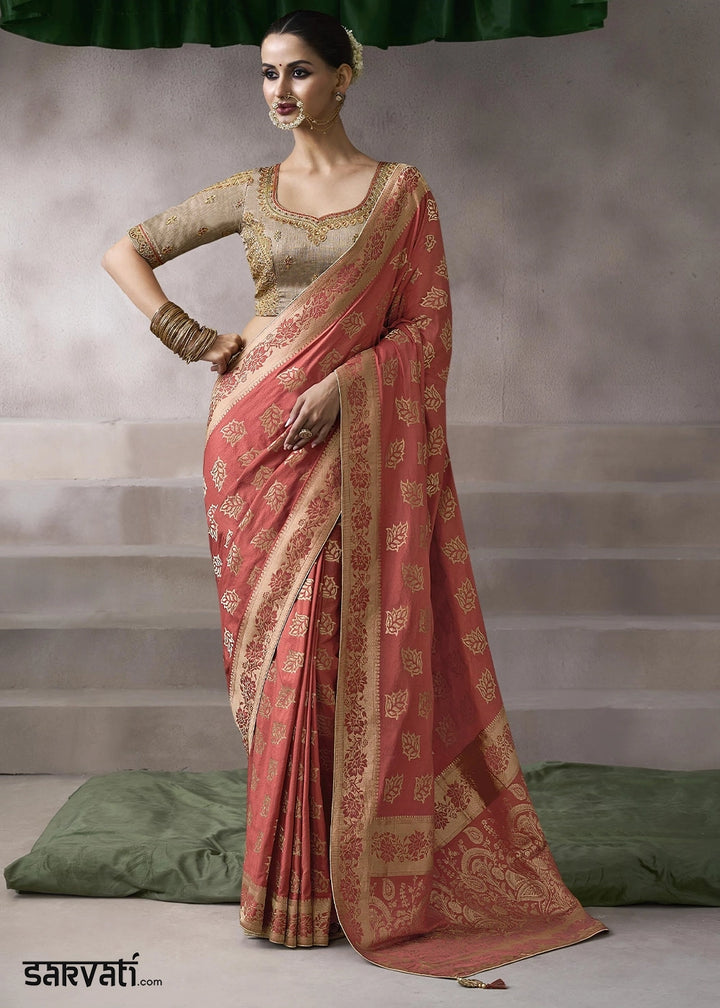 Rouge Pink Crepe Silk Saree with Contrast Embroidered Blouse