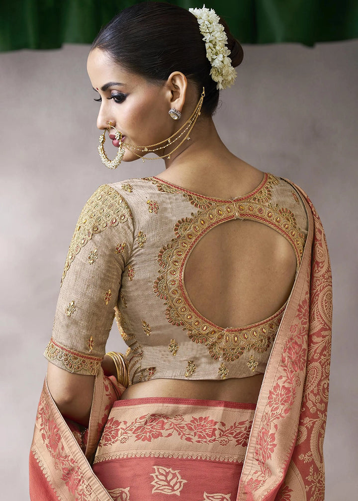 Rouge Pink Crepe Silk Saree with Contrast Embroidered Blouse