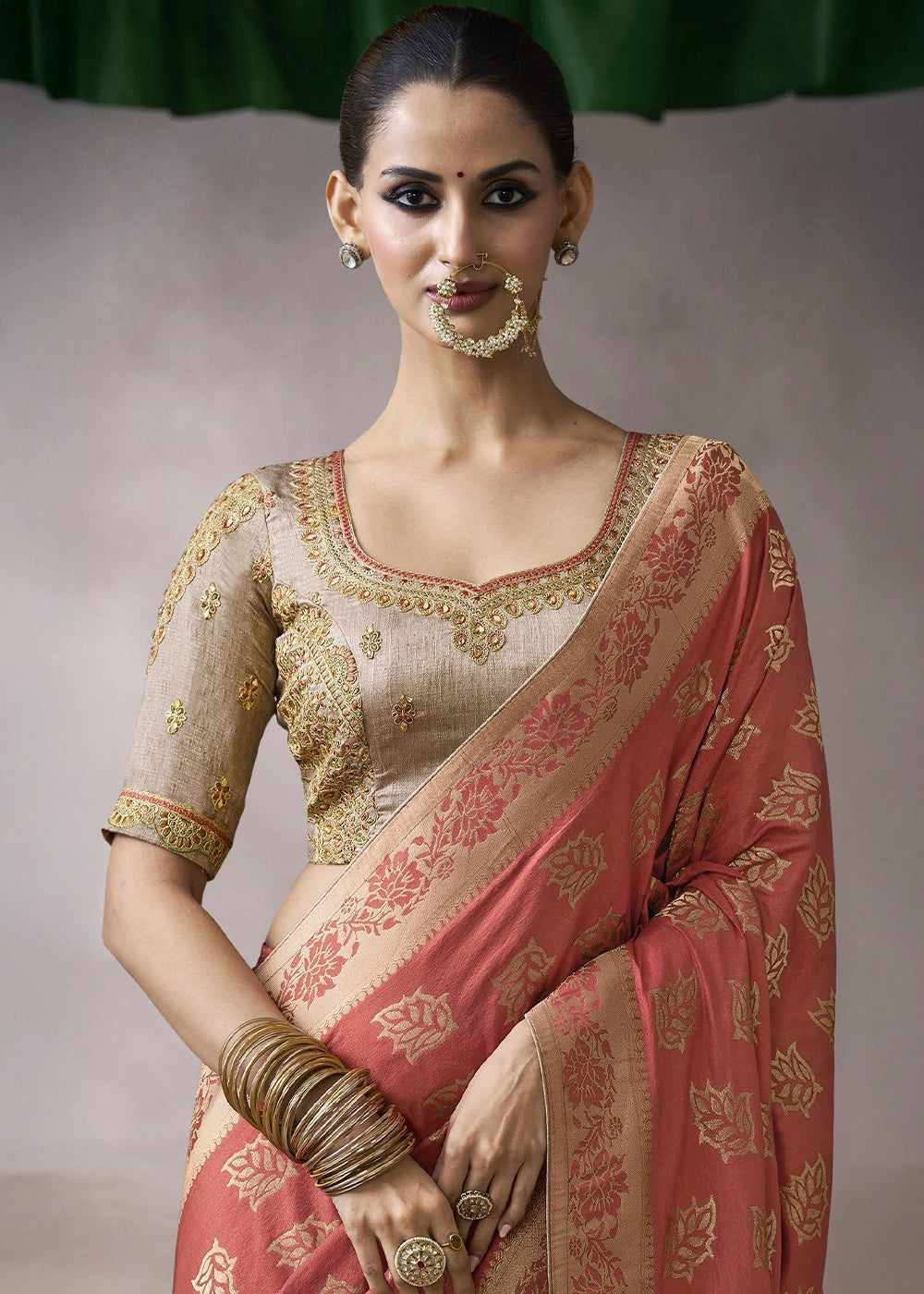 Rouge Pink Crepe Silk Saree with Contrast Embroidered Blouse