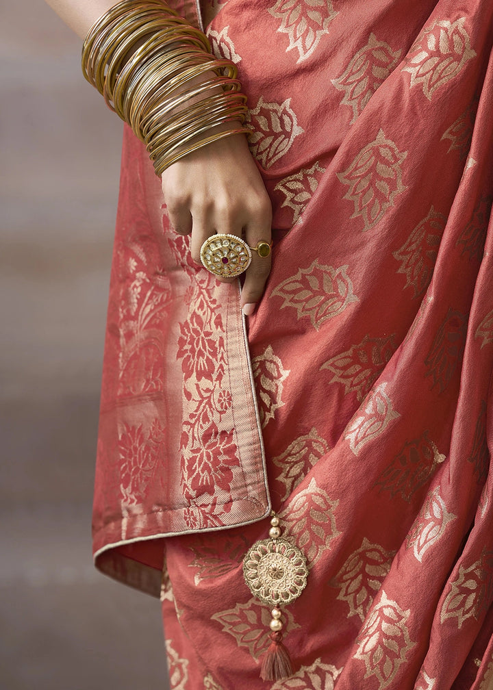 Rouge Pink Crepe Silk Saree with Contrast Embroidered Blouse