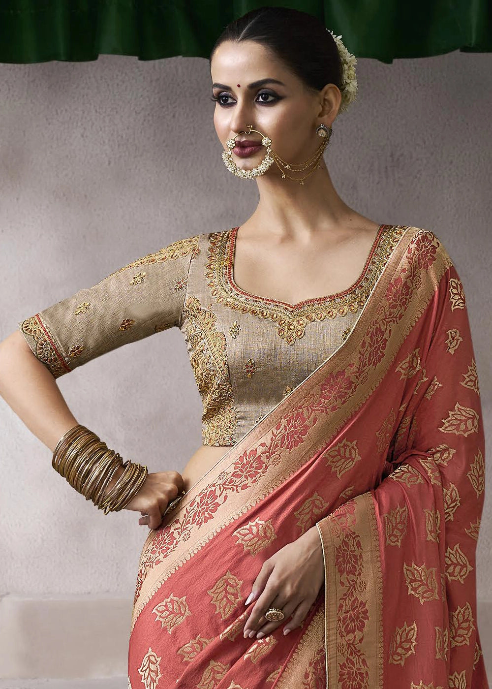Rouge Pink Crepe Silk Saree with Contrast Embroidered Blouse