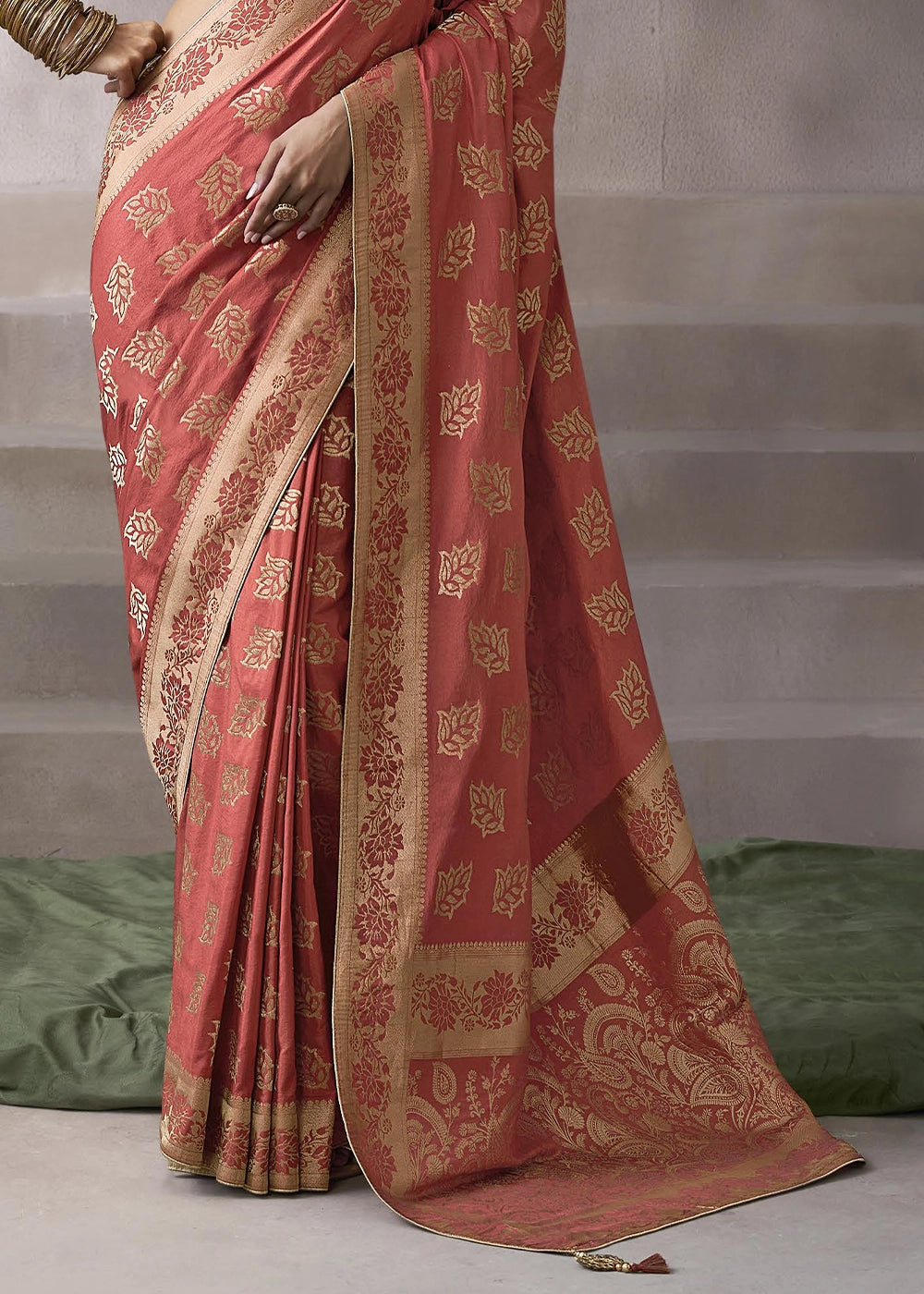Rouge Pink Crepe Silk Saree with Contrast Embroidered Blouse
