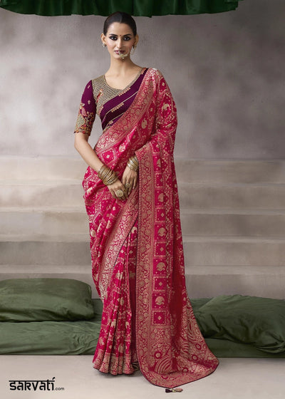 Magenta Pink Crepe Silk Saree with Contrast Embroidered Blouse