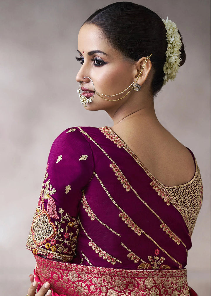 Magenta Pink Crepe Silk Saree with Contrast Embroidered Blouse