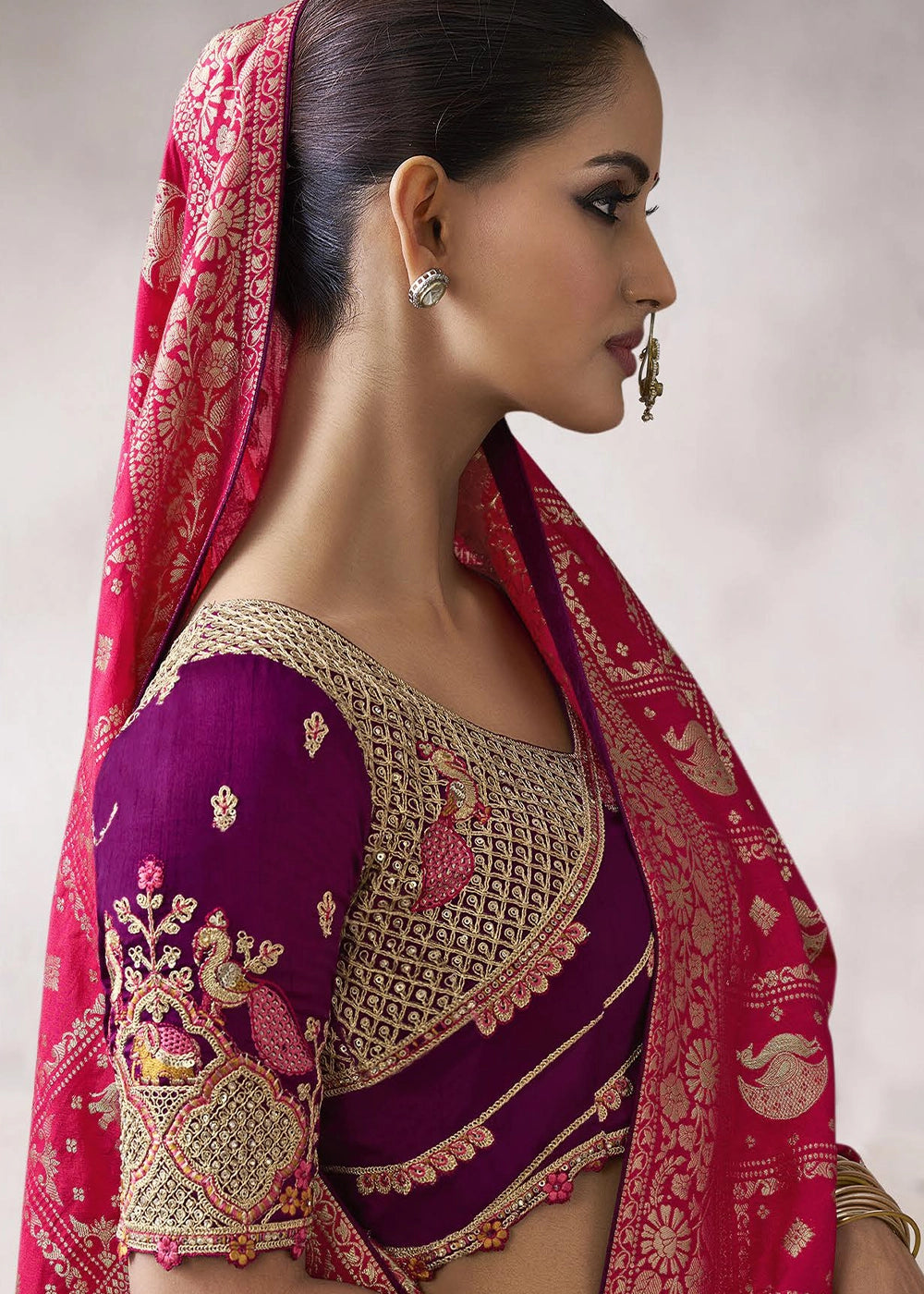 Magenta Pink Crepe Silk Saree with Contrast Embroidered Blouse
