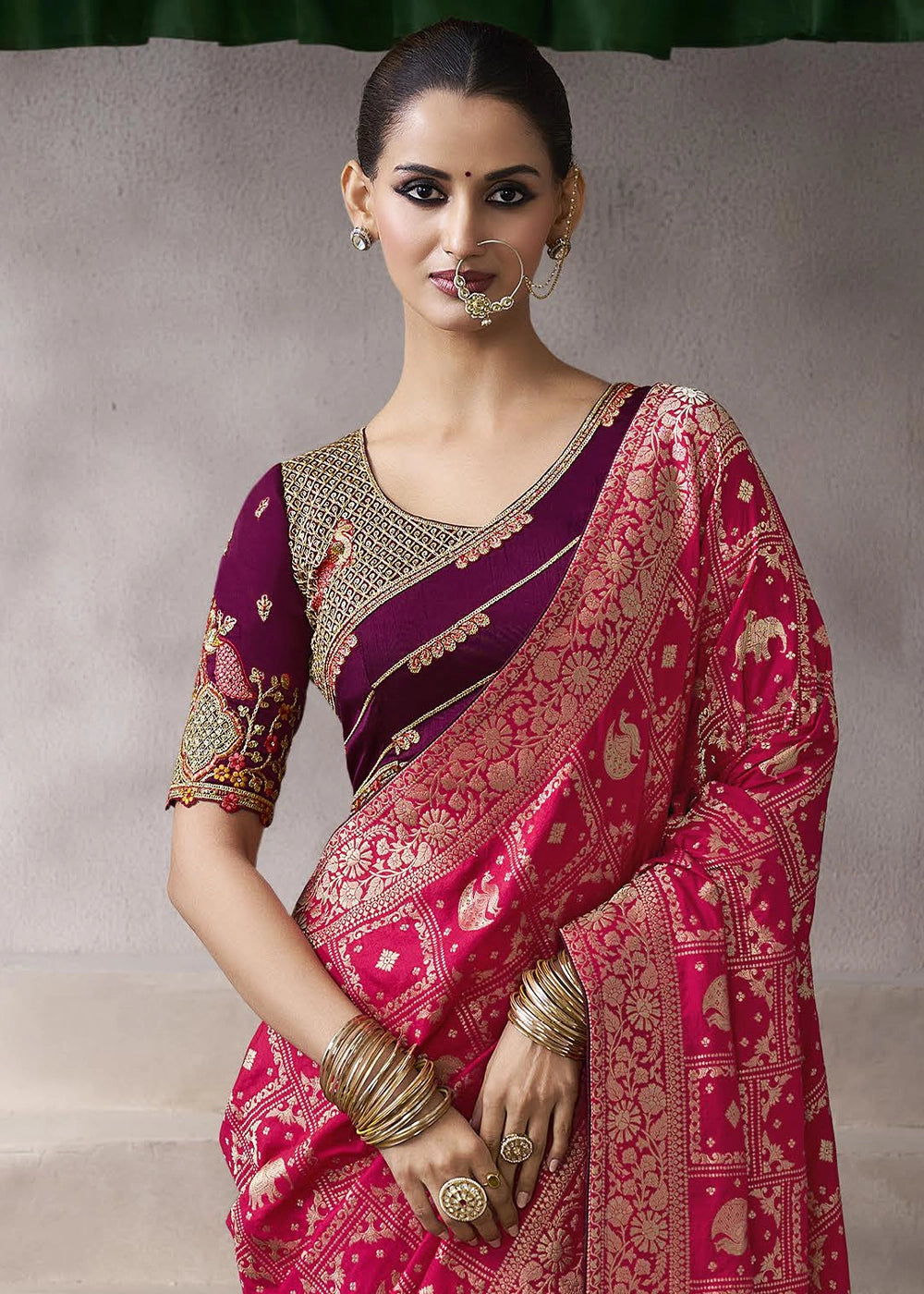 Magenta Pink Crepe Silk Saree with Contrast Embroidered Blouse