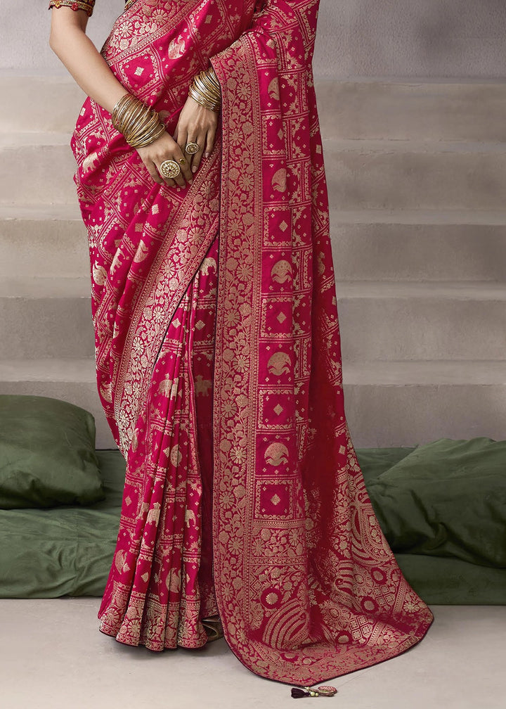 Magenta Pink Crepe Silk Saree with Contrast Embroidered Blouse