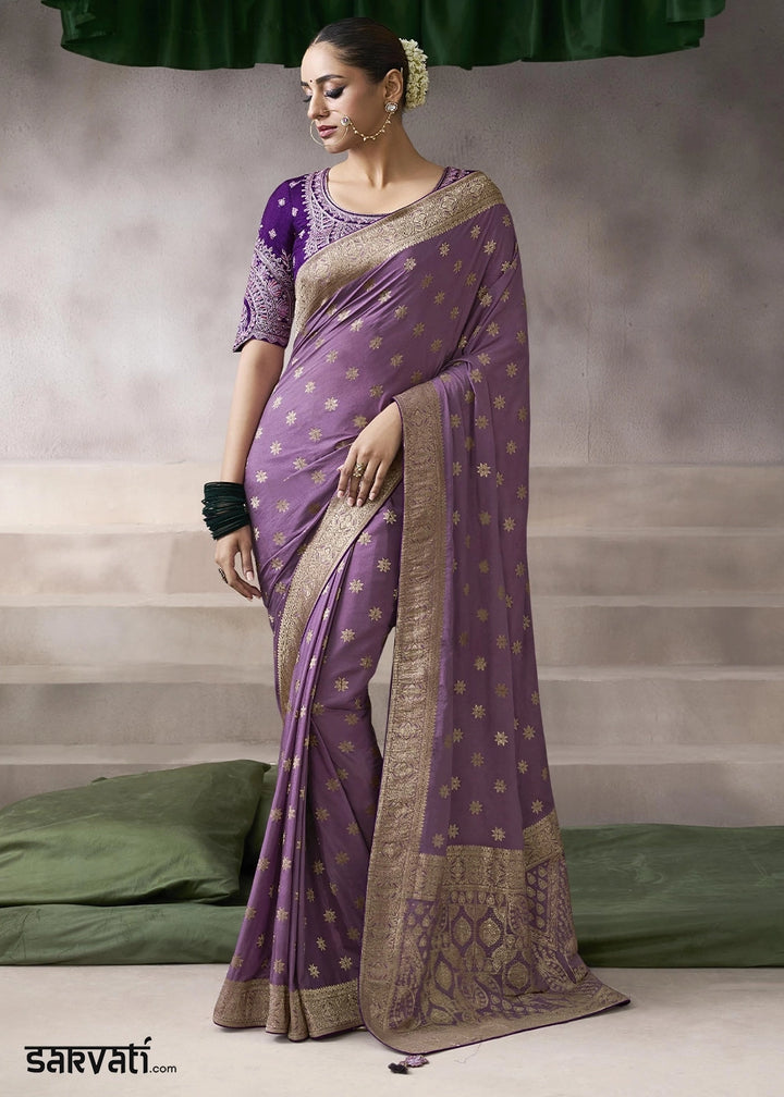 Wisteria Purple Crepe Silk Saree with Contrast Embroidered Blouse