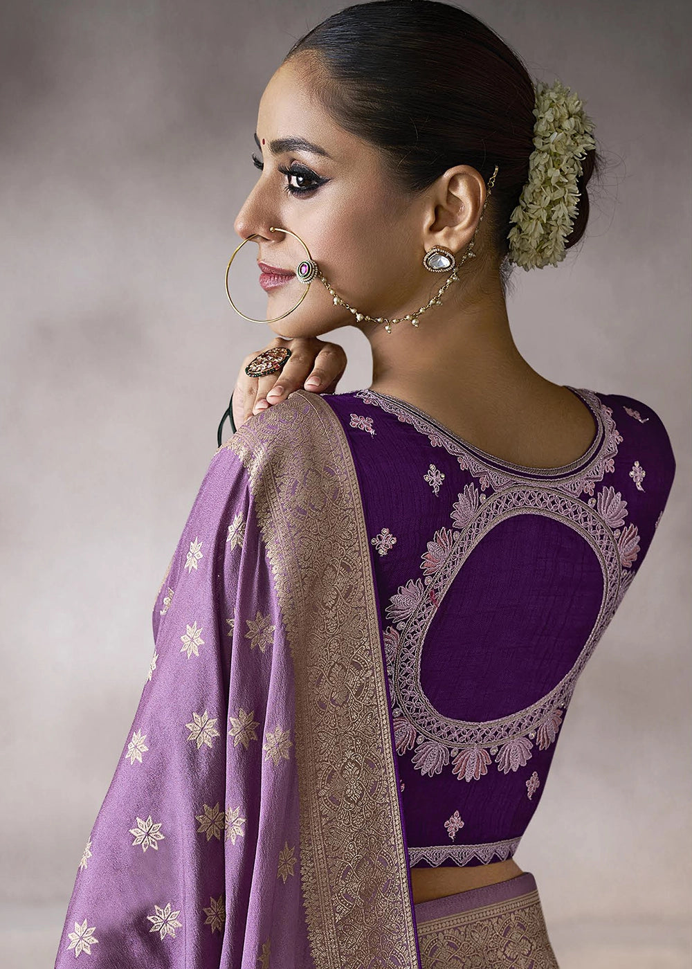 Wisteria Purple Crepe Silk Saree with Contrast Embroidered Blouse