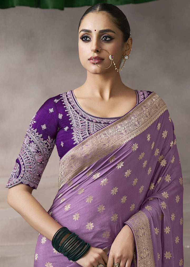 Wisteria Purple Crepe Silk Saree with Contrast Embroidered Blouse