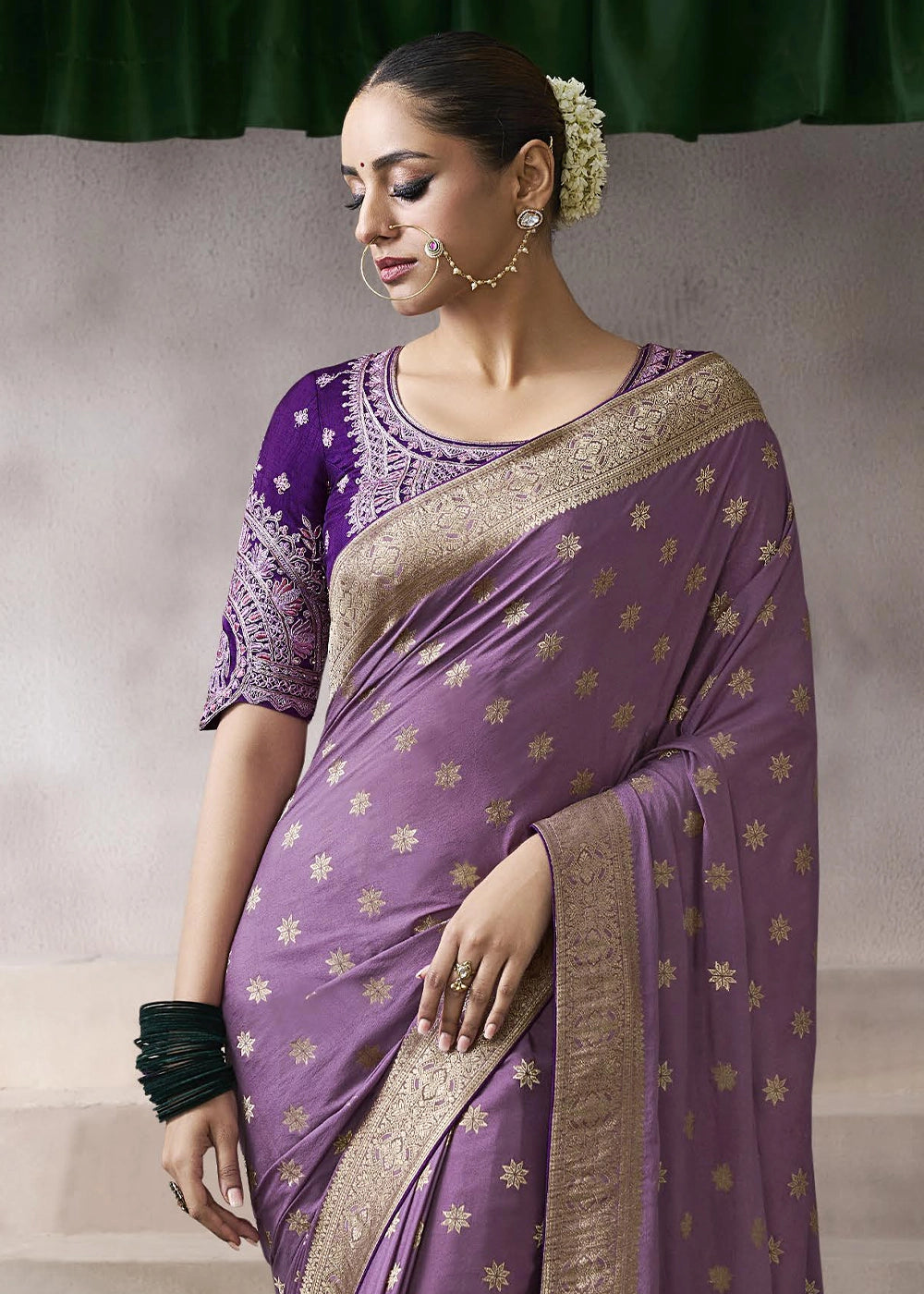 Wisteria Purple Crepe Silk Saree with Contrast Embroidered Blouse
