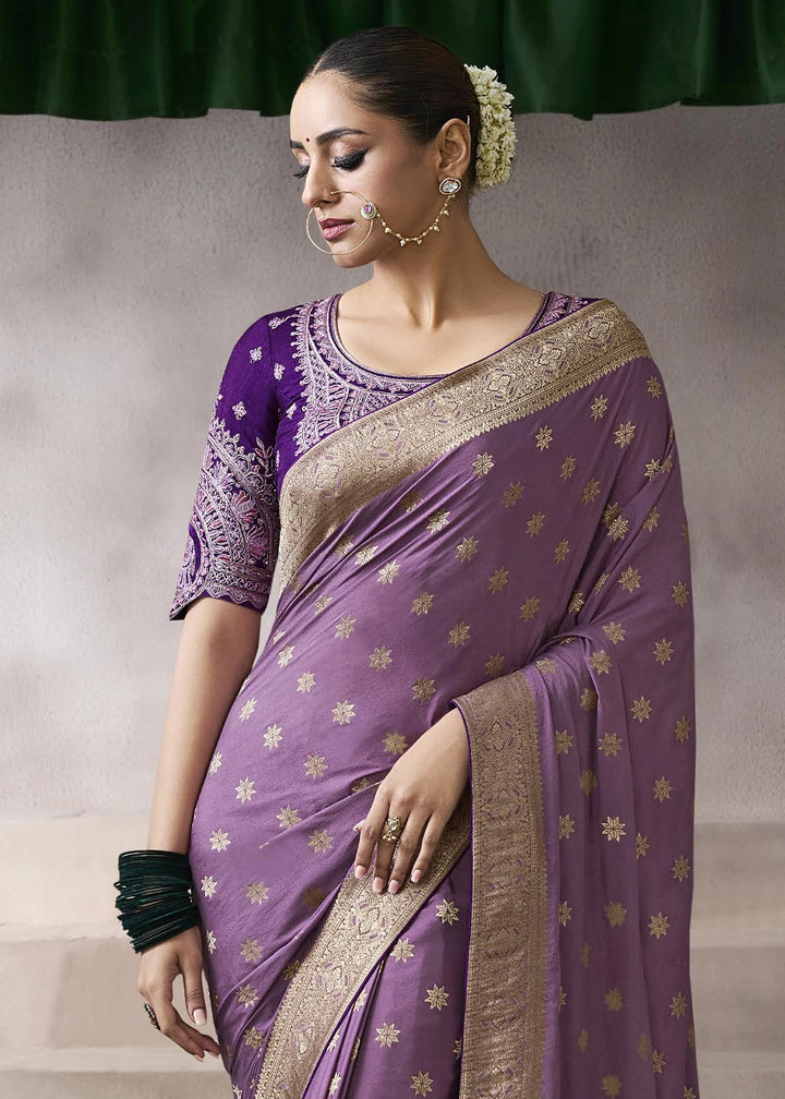 Wisteria Purple Crepe Silk Saree with Contrast Embroidered Blouse