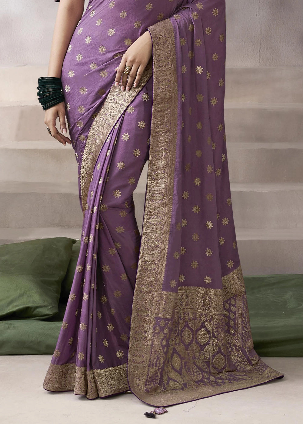 Wisteria Purple Crepe Silk Saree with Contrast Embroidered Blouse
