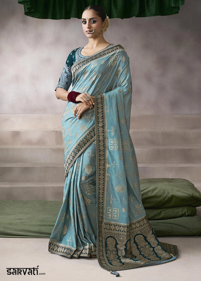 Celeste Blue Crepe Silk Saree with Contrast Embroidered Blouse