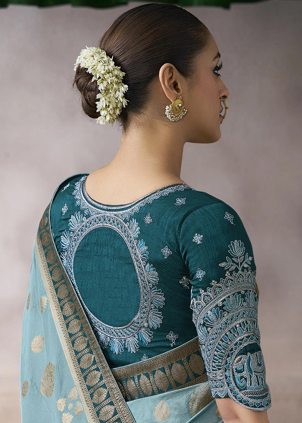 Celeste Blue Crepe Silk Saree with Contrast Embroidered Blouse