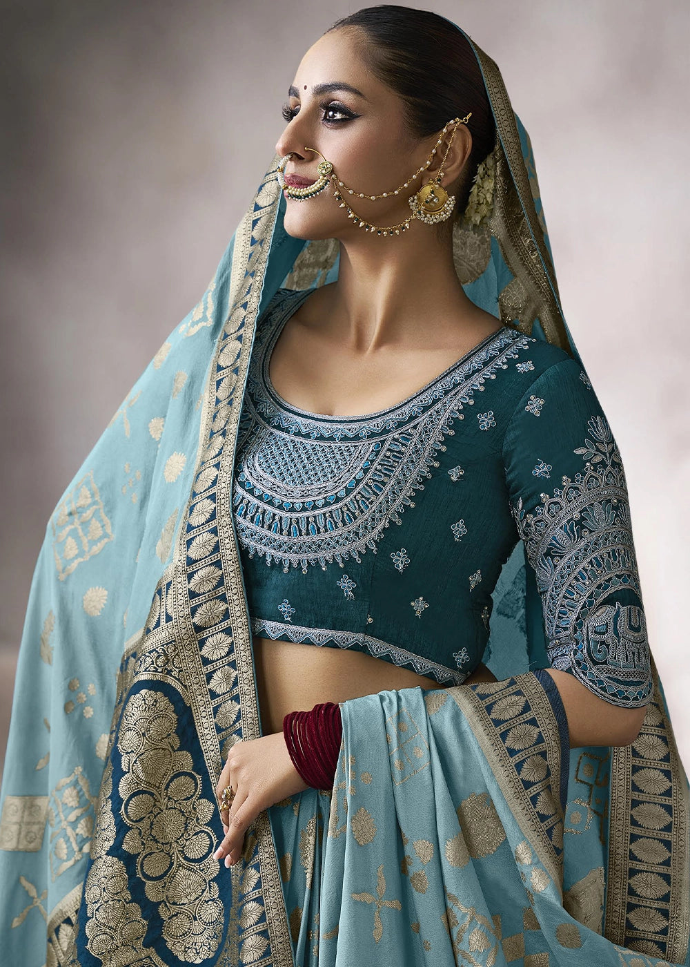 Celeste Blue Crepe Silk Saree with Contrast Embroidered Blouse