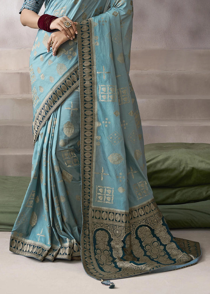 Celeste Blue Crepe Silk Saree with Contrast Embroidered Blouse