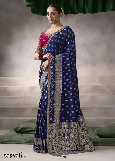 Berry Blue Crepe Silk Saree with Contrast Embroidered Blouse