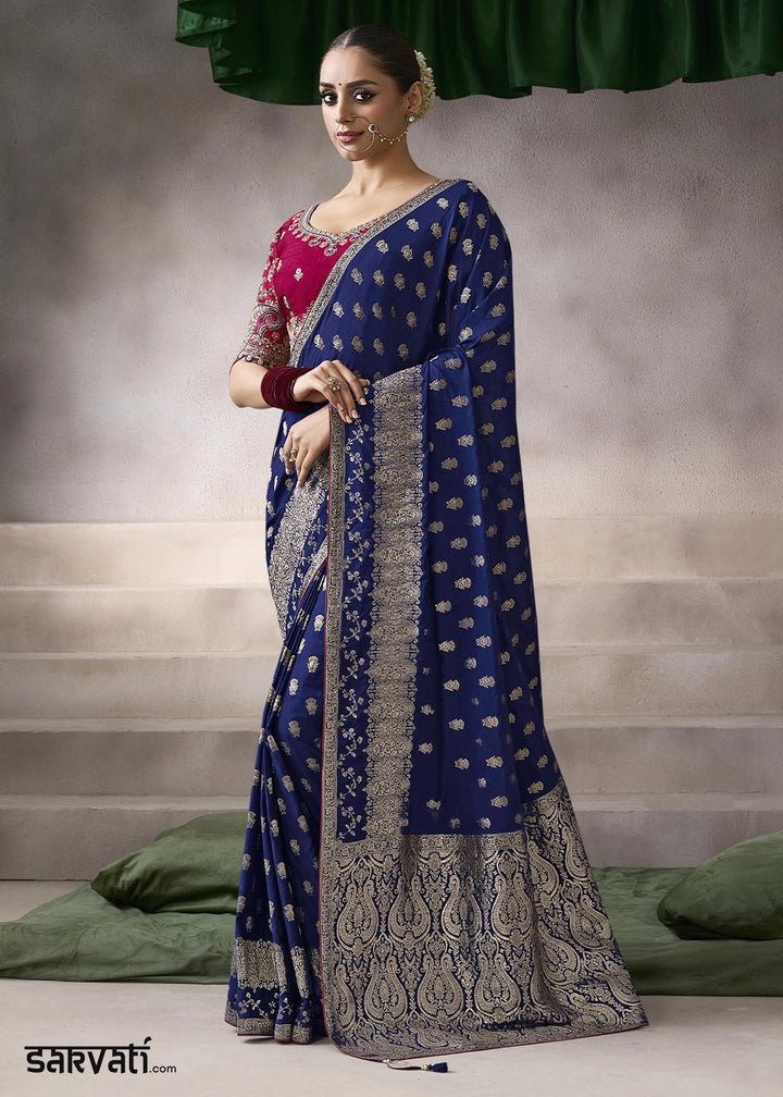 Berry Blue Crepe Silk Saree with Contrast Embroidered Blouse