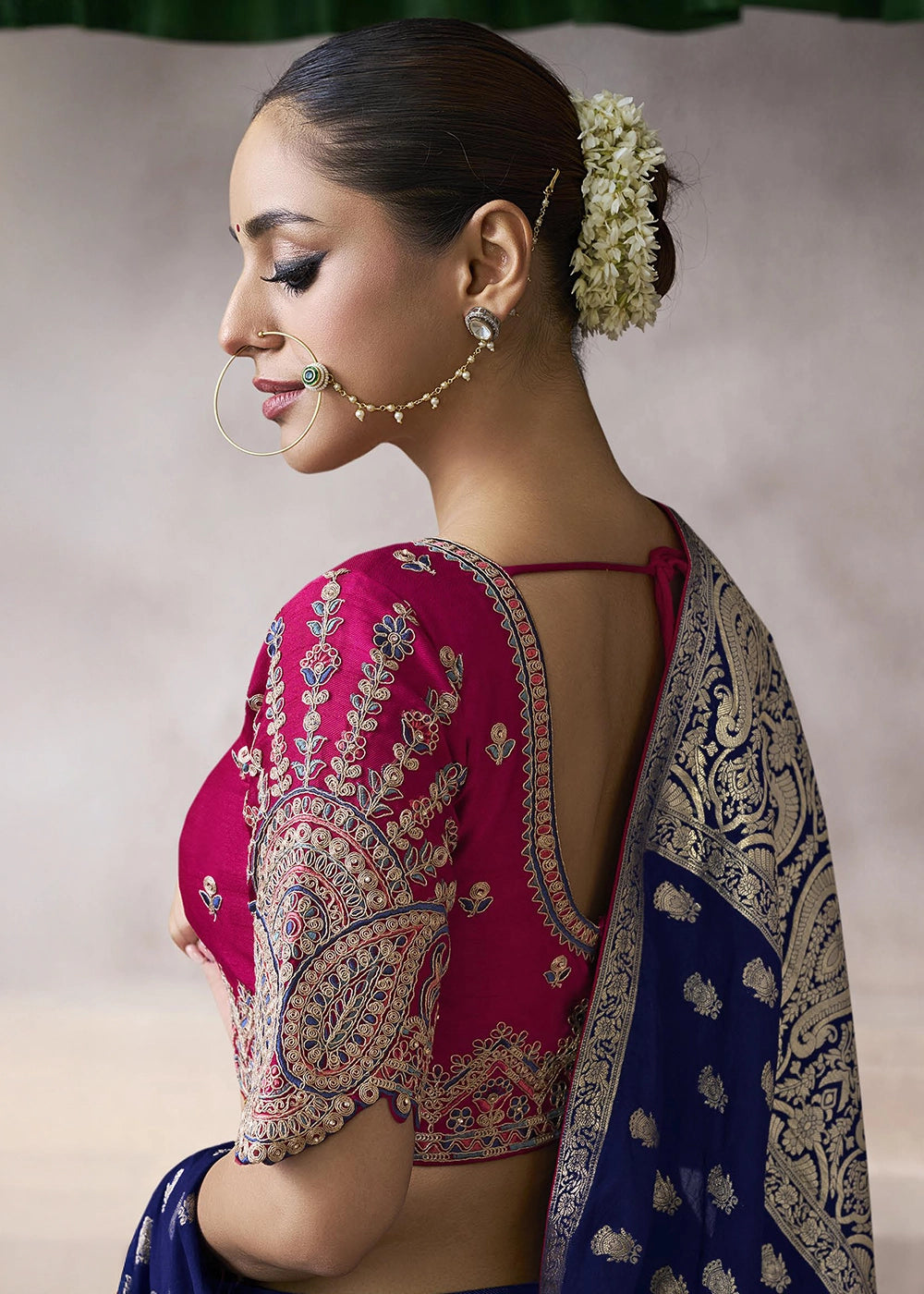 Berry Blue Crepe Silk Saree with Contrast Embroidered Blouse