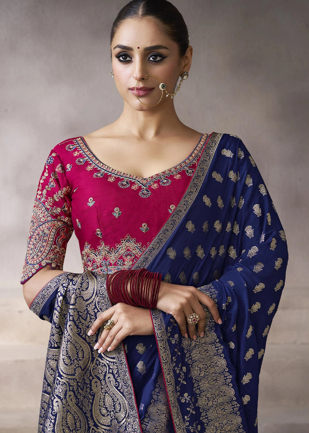 Berry Blue Crepe Silk Saree with Contrast Embroidered Blouse