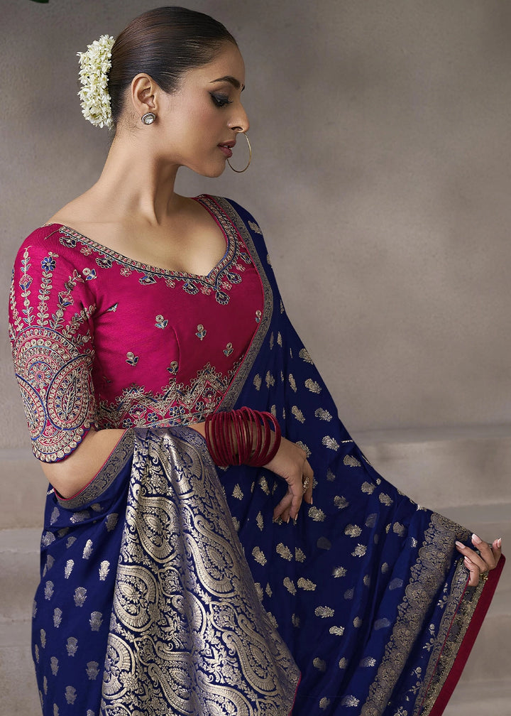 Berry Blue Crepe Silk Saree with Contrast Embroidered Blouse
