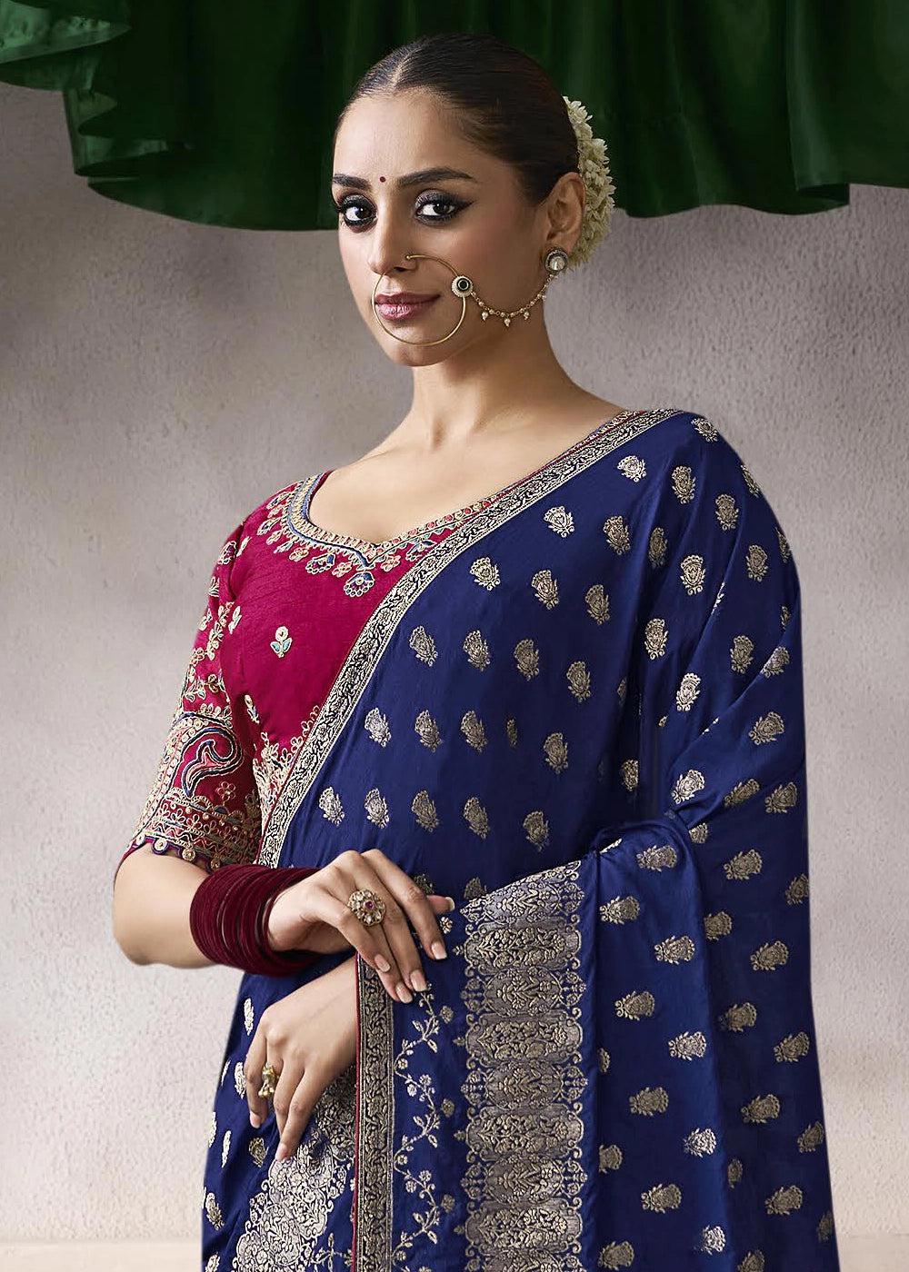 Berry Blue Crepe Silk Saree with Contrast Embroidered Blouse