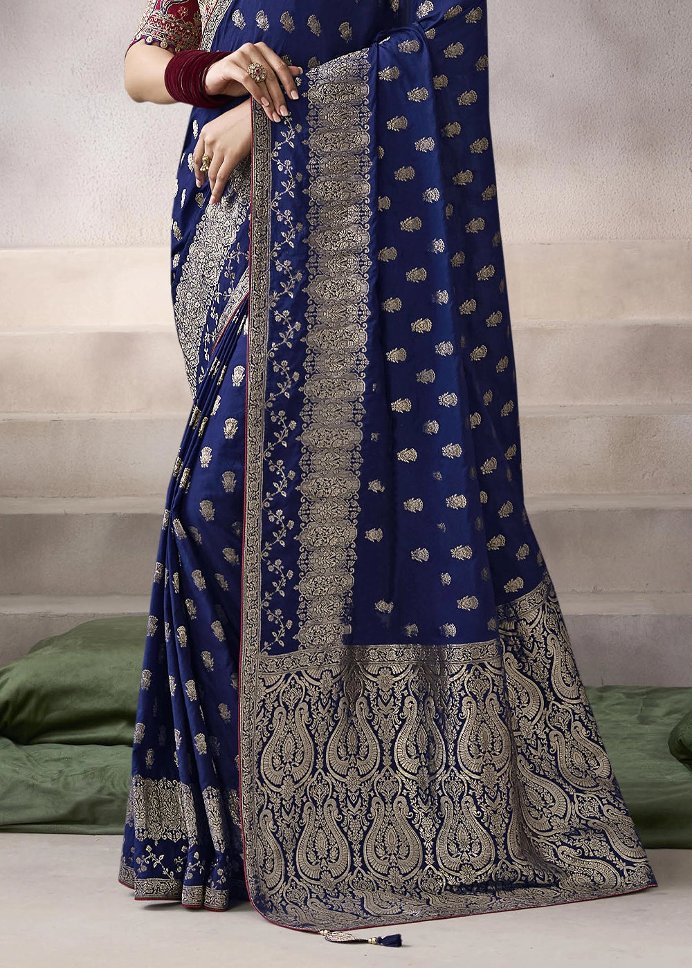 Berry Blue Crepe Silk Saree with Contrast Embroidered Blouse