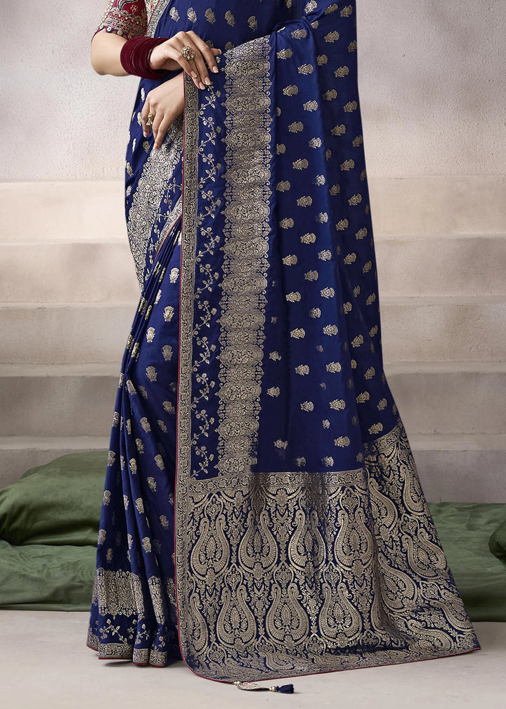 Berry Blue Crepe Silk Saree with Contrast Embroidered Blouse