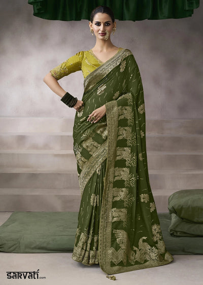 Mehendi Green Crepe Silk Saree with Contrast Embroidered Blouse