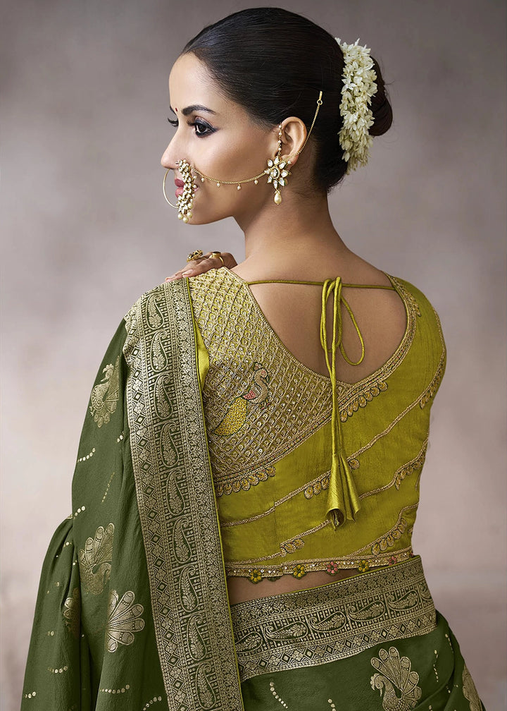 Mehendi Green Crepe Silk Saree with Contrast Embroidered Blouse