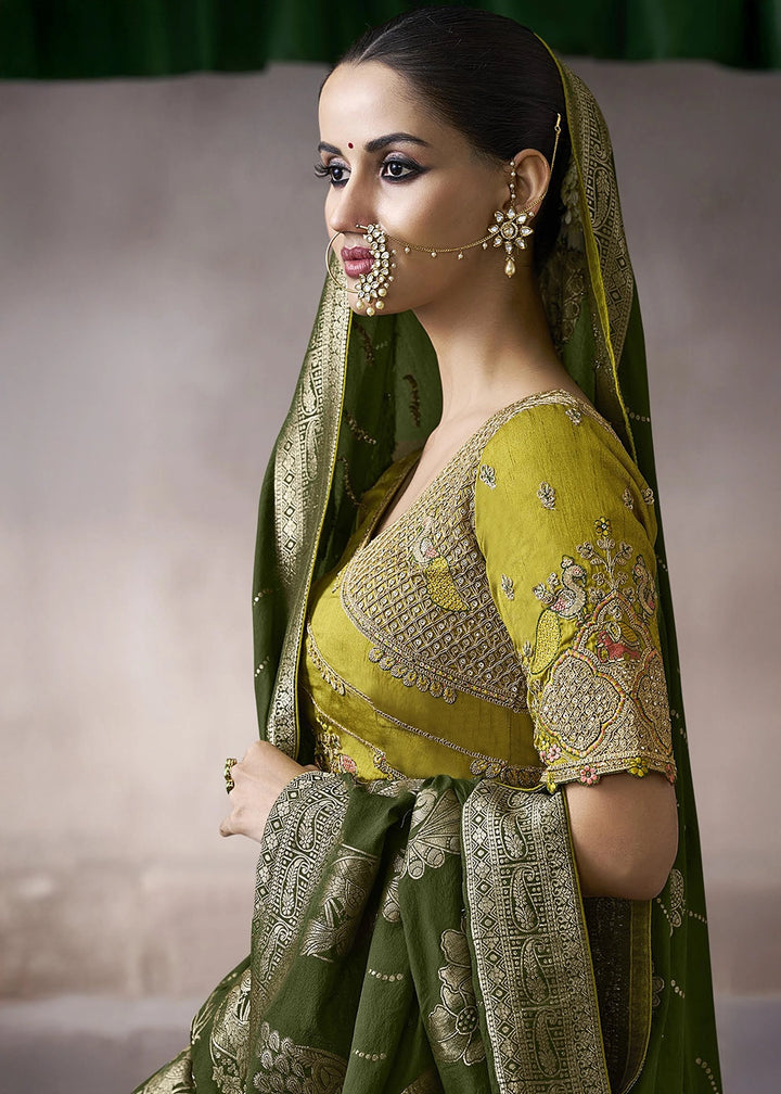 Mehendi Green Crepe Silk Saree with Contrast Embroidered Blouse