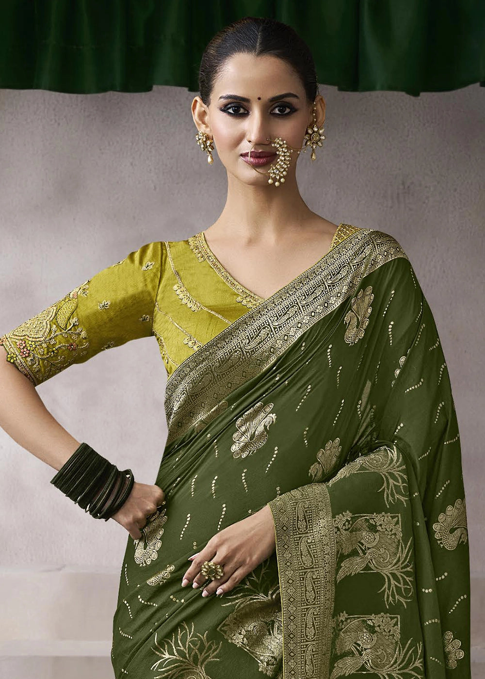 Mehendi Green Crepe Silk Saree with Contrast Embroidered Blouse