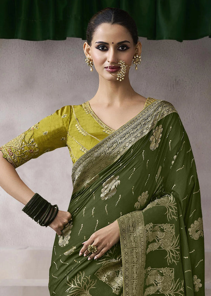 Mehendi Green Crepe Silk Saree with Contrast Embroidered Blouse