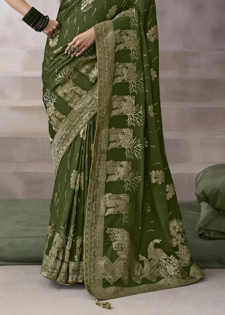 Mehendi Green Crepe Silk Saree with Contrast Embroidered Blouse